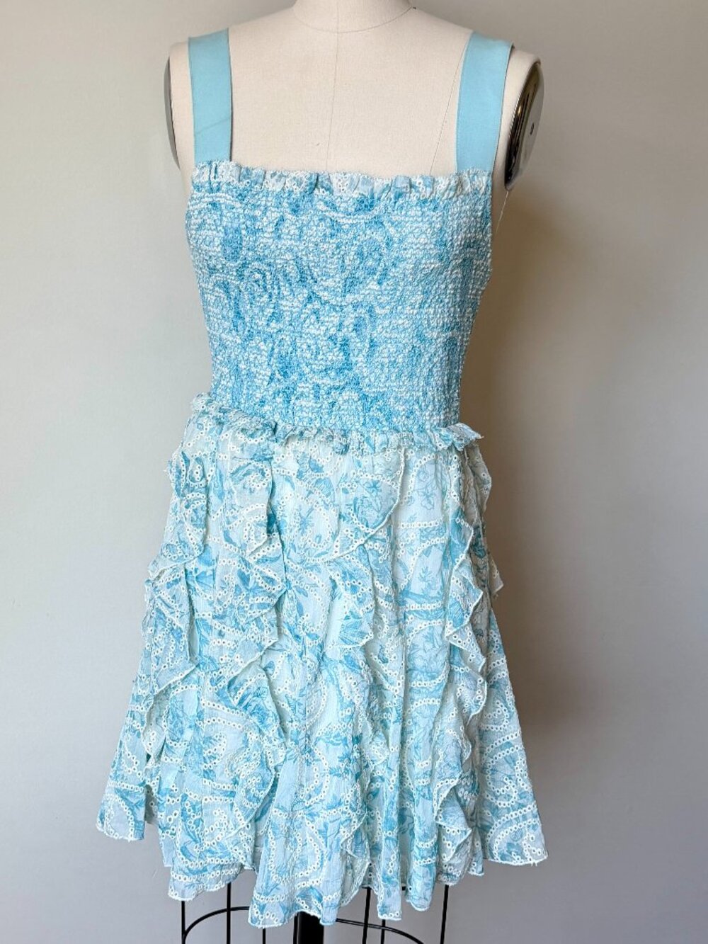 Alice + Olivia Blue Floral Ruffle Dress | Eyelet Detail Mini | 4 | Cottagecore - Picture 2 of 6